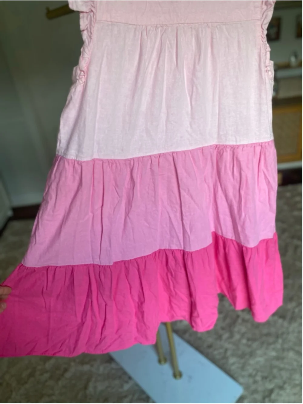 J.Crew Pink‎ Colorblock Linen Dress Ruffle Sleeve Tiered 8 Preppy Quiet Luxury